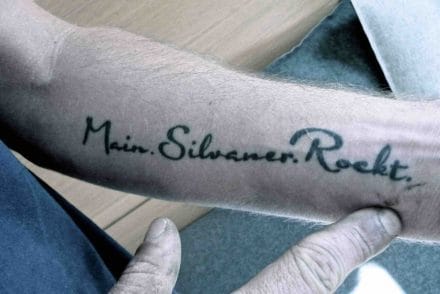 Christian Müllers tattoo reads in translation: "My Silvaner rocks". Photo Megan Spencer (c) 2017